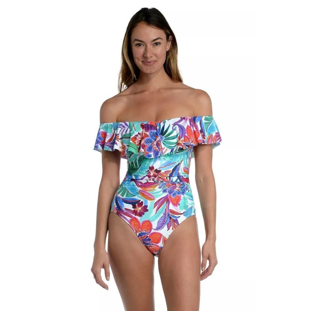 La Blanca Tropics Ruffled Off-the-Shoulder One-Piece Swimsuit Multi Size 4 NWT